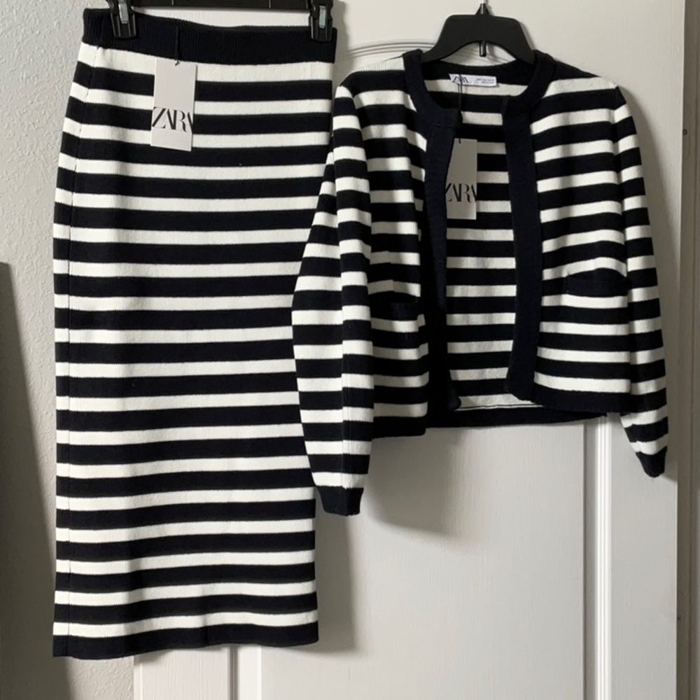 Zara Cardigan Skirt Knit Sweater Set Navy White S New Stripes